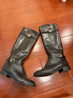 Tory Burch Black Leather Tall Riding Boots with Gold Logo
